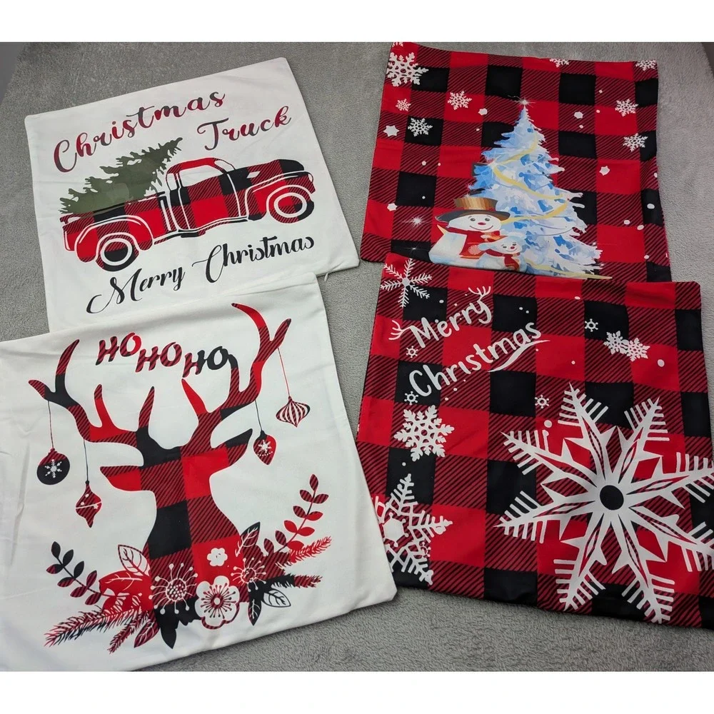 Christmas Pillow Covers Set Buffalo Plaid Snowman Truck Reindeer Holiday Decor